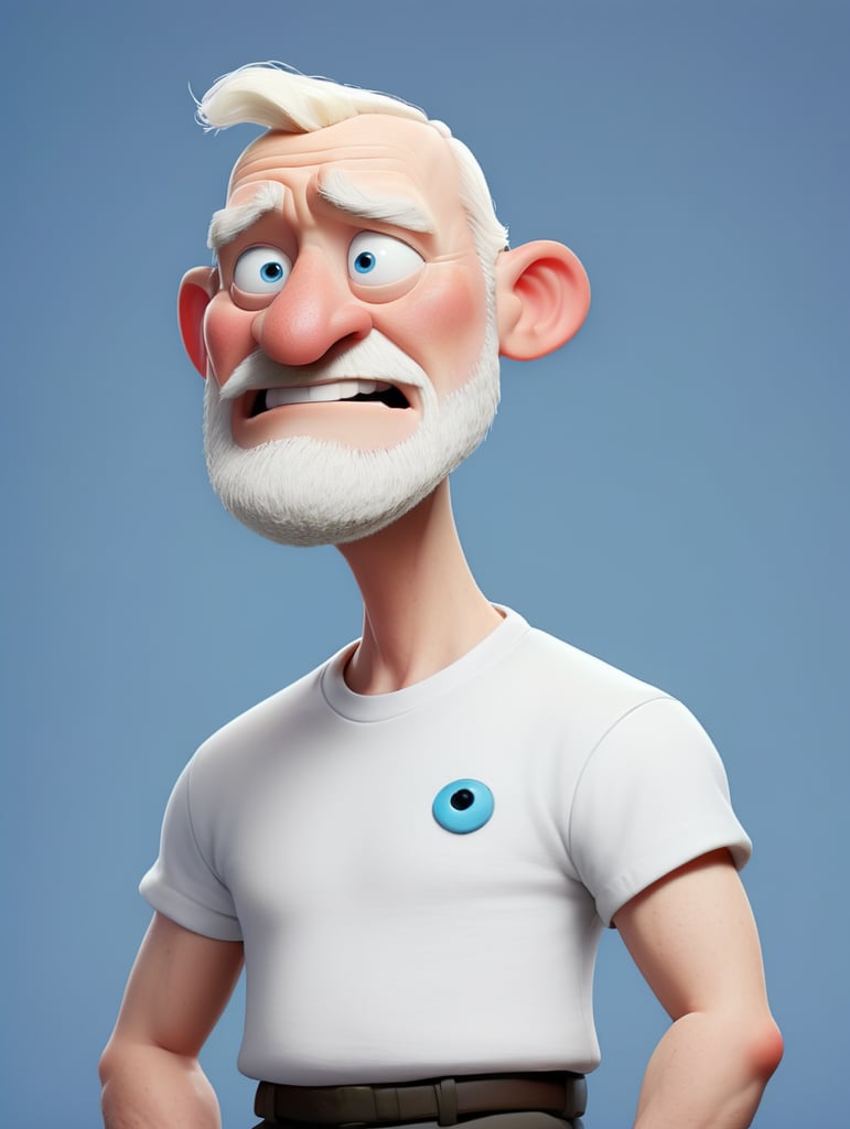 A middle-aged albino man wearing a white T-shirt, isolated, blue background, mockup, mock up