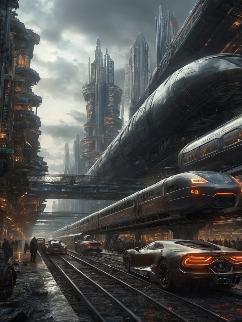 future city, cars, people, buildings, train,