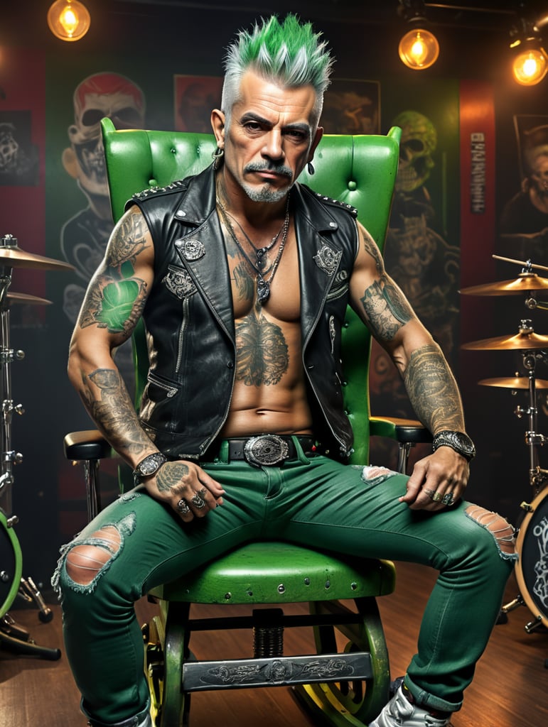 Alberto Baillères Mexican billionaire businessman as a punk rocker, full body, arms tattoos and face, piercing on face, green and white hair, on a rocker bar
