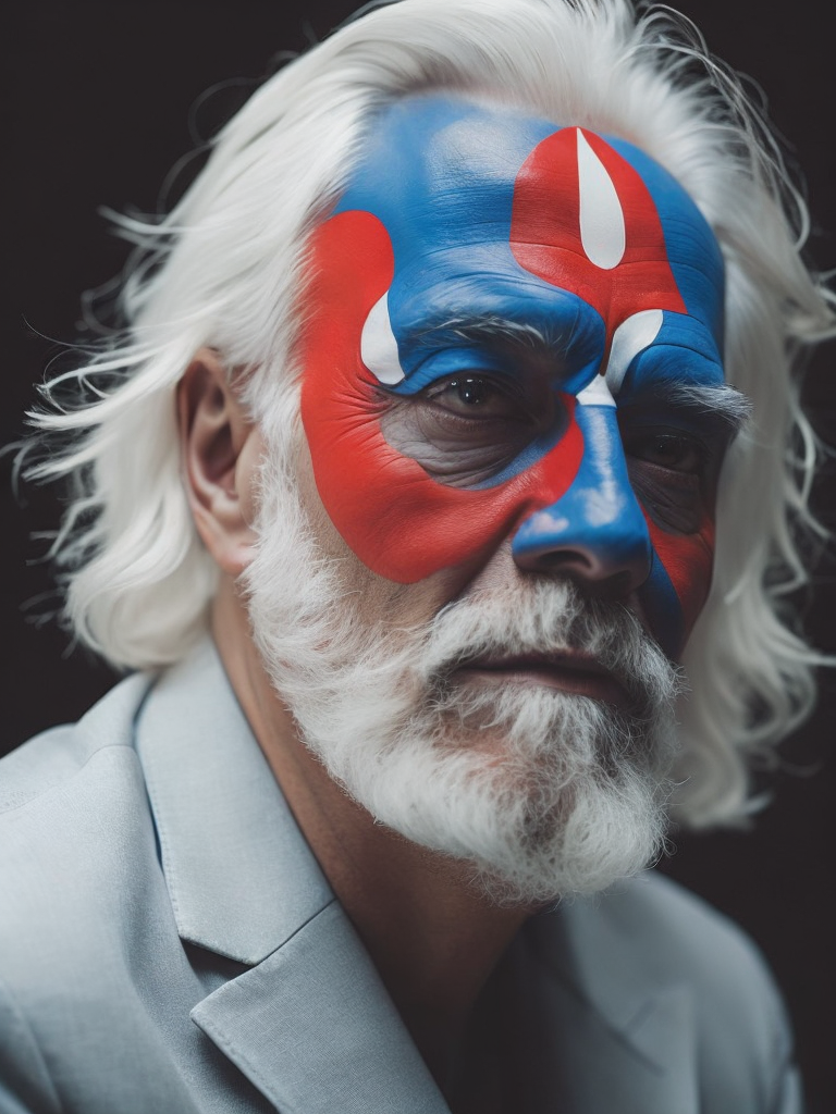 a man with white hair and a face painted like a man with red and blue circles on his face by Alejandro Jodorowsky