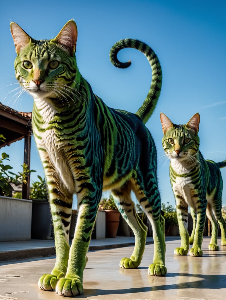 Green cats with very long, thin legs. Painted in the style of Salvador Dali. Blue sky.