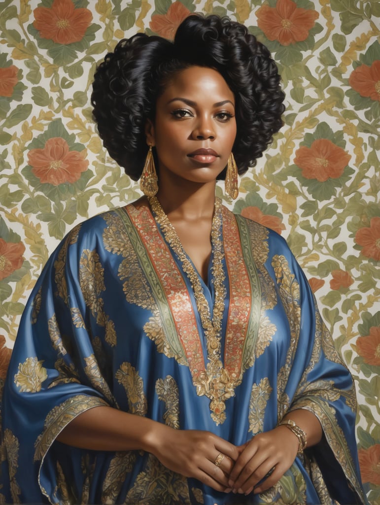 Portrait of a black woman wearing a kaftan with a pattern, Painting, Oil, Portrait, style of Kehinde Wiley