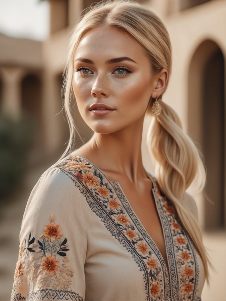 Beautiful blonde woman with freckles, wearing a detailed embroidered short dress, stunning 8k fashion photo, tan skin, ponytail