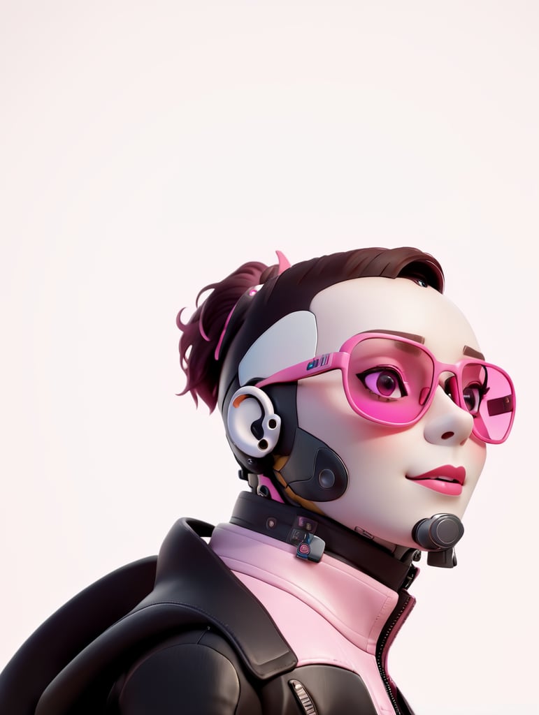 cyborg android, dressed in pink glasses and a leather jacket