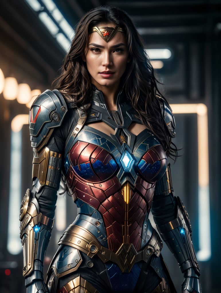 Wonder Woman in cybernetic armor, cyberpunk world, full body shot