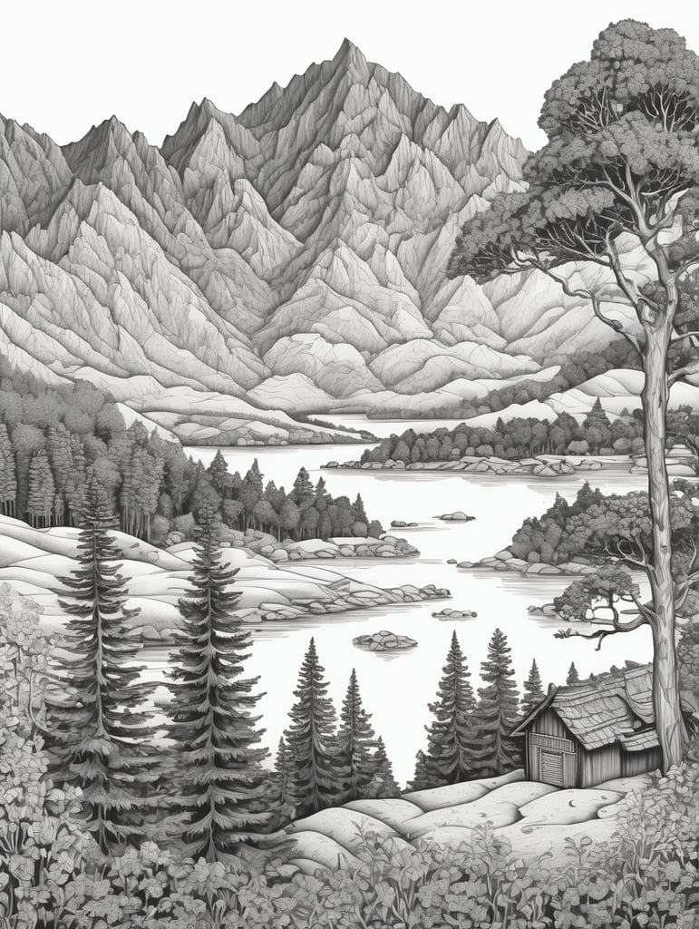 A highly detailed, realistic, black-and-white illustration of a peaceful landscape, designed for an adult coloring book. Rendered in clean, light outlines and fine patterns, leaving ample space for coloring. The entire image emphasizes sharp contrast, detailed linework, and minimal shading to create a dynamic yet colorable design.