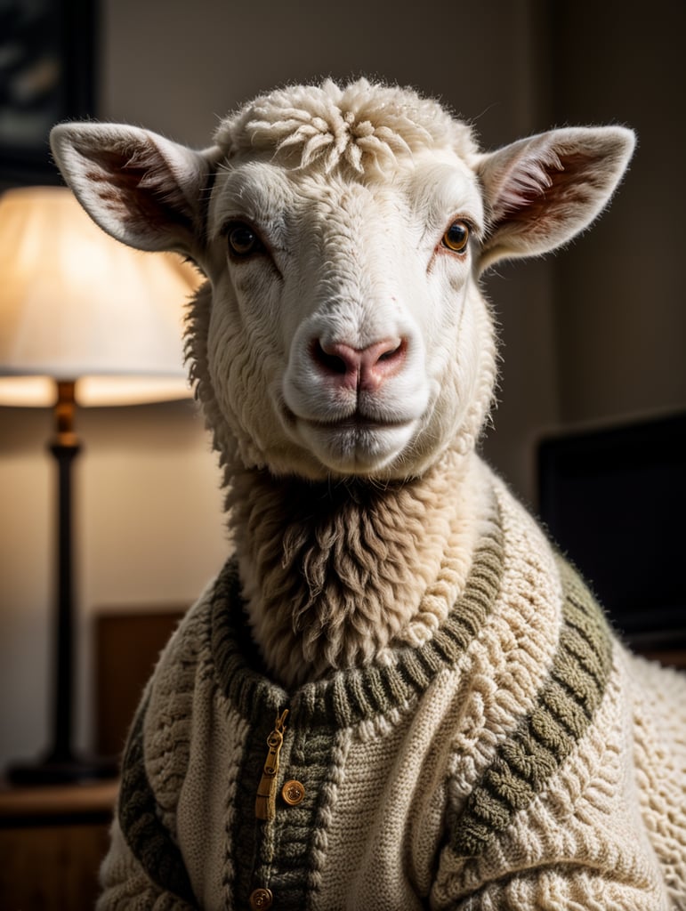 a white sheep wearing very hirsute crocheted sweaters for sheeple, portrait