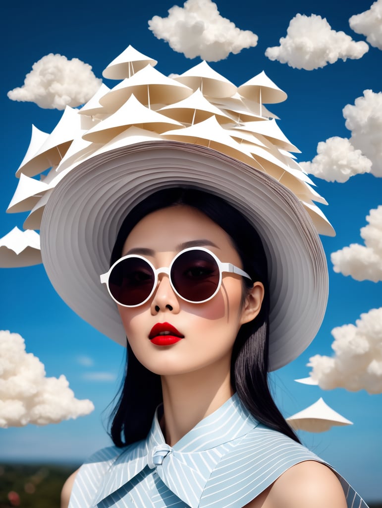 Paper clouds in the sky. Albino japanese model. paper stacked everywhere. paper hat, clothes and paper sunglasses. wind blows paper around sky. paper clouds. paper hang from sky.