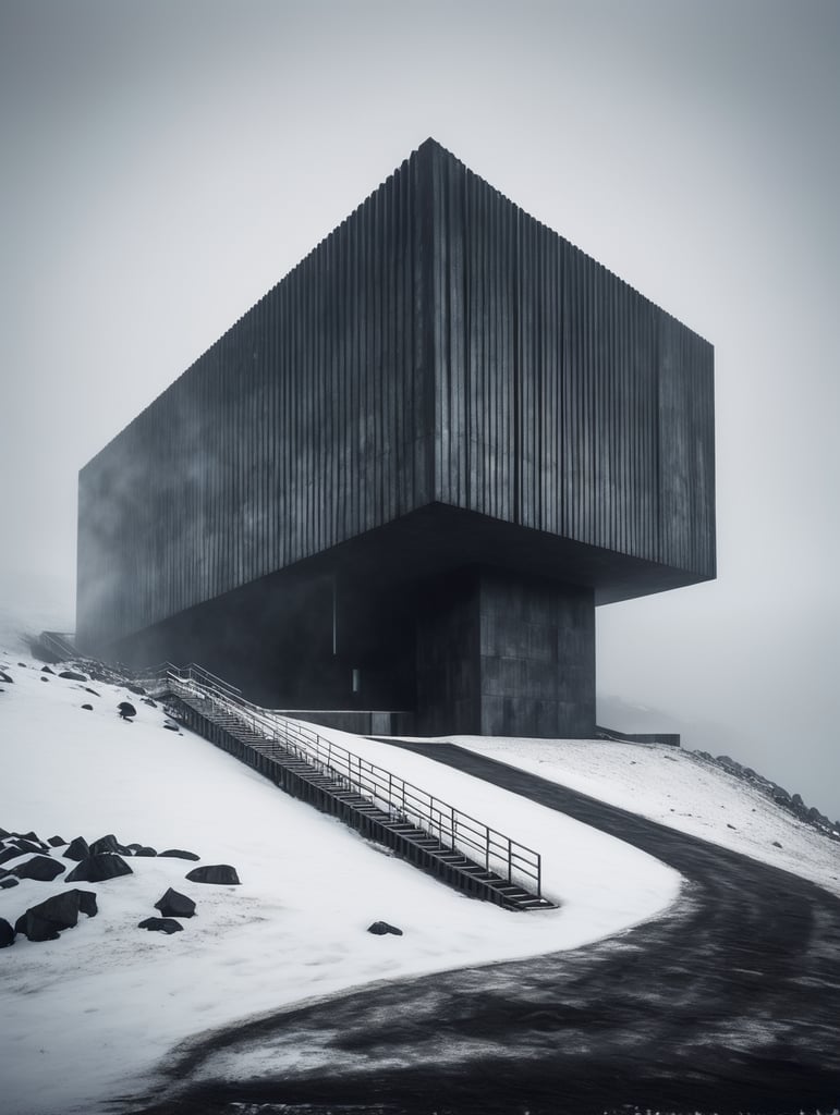Ultra wide angke cinematic photo of a mesmerically moody dark and gloomy massively monolithic scandinavian minimalism brutalist futuristic structure on an icelandic norwegian scandinavian mountain exterior between two worlds with snow mist and fog and dust styled