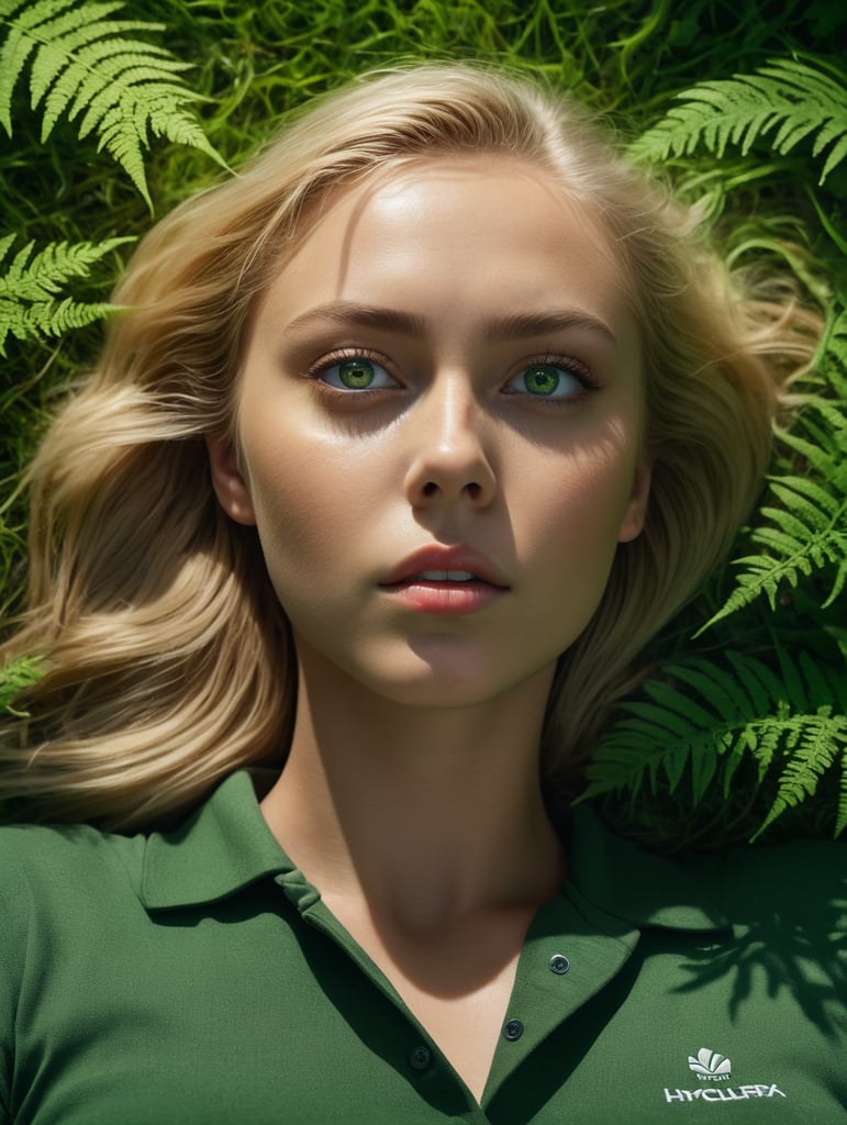 a girl with blond hair, green eyes and a green golf shirt,lying on sunny grass in the forest, surrounded by ferns
