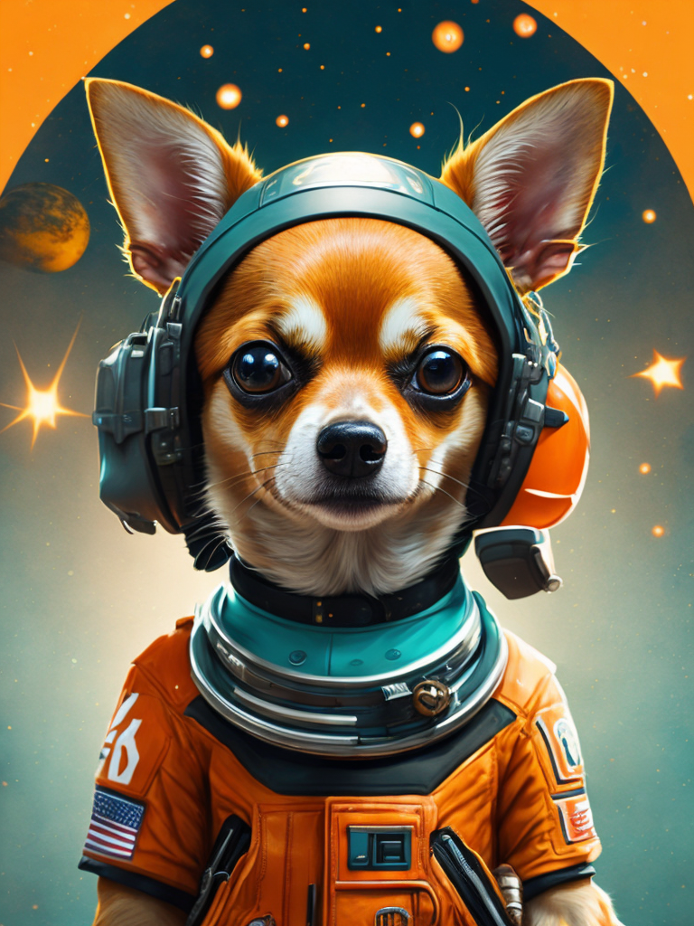 A Chihuahua like a Rocket Raccoon from Guardians of the Galaxy wearing astronaut costume on the Mars