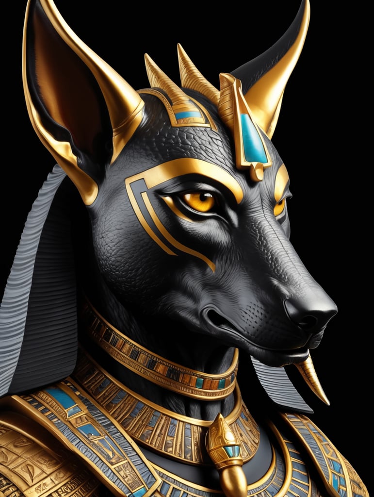 Egyptian god Anubis, portrait, hyper-realistic, dark style, focus on face, sharp on details, black background