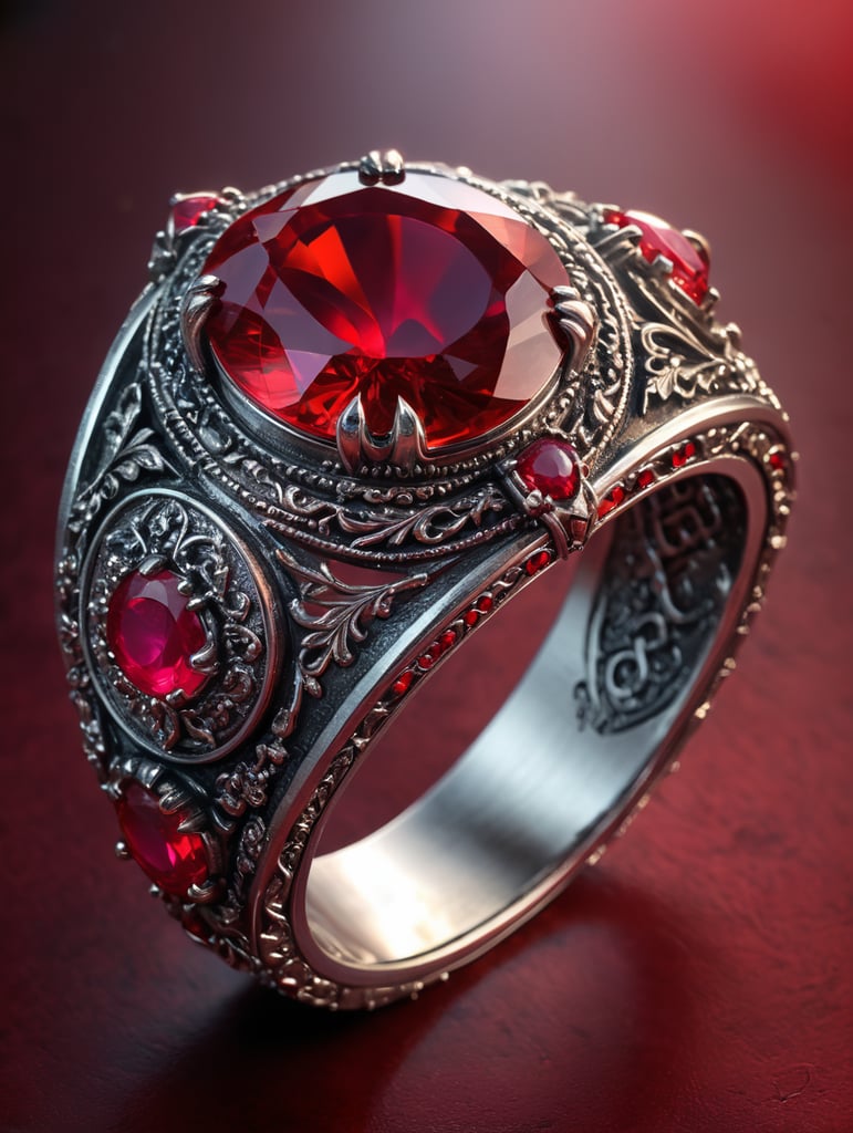 Royal silver ring with ruby, fantasy style, bright red background, rich colors, contrasting light, deep colors, high details