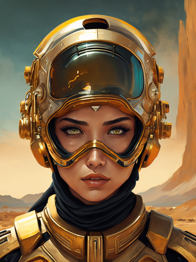 Cyber girl wearing gold chrome helmet, shining reflections, walking in the desert, photorealistic, hyper-detailed, dune atmosphere