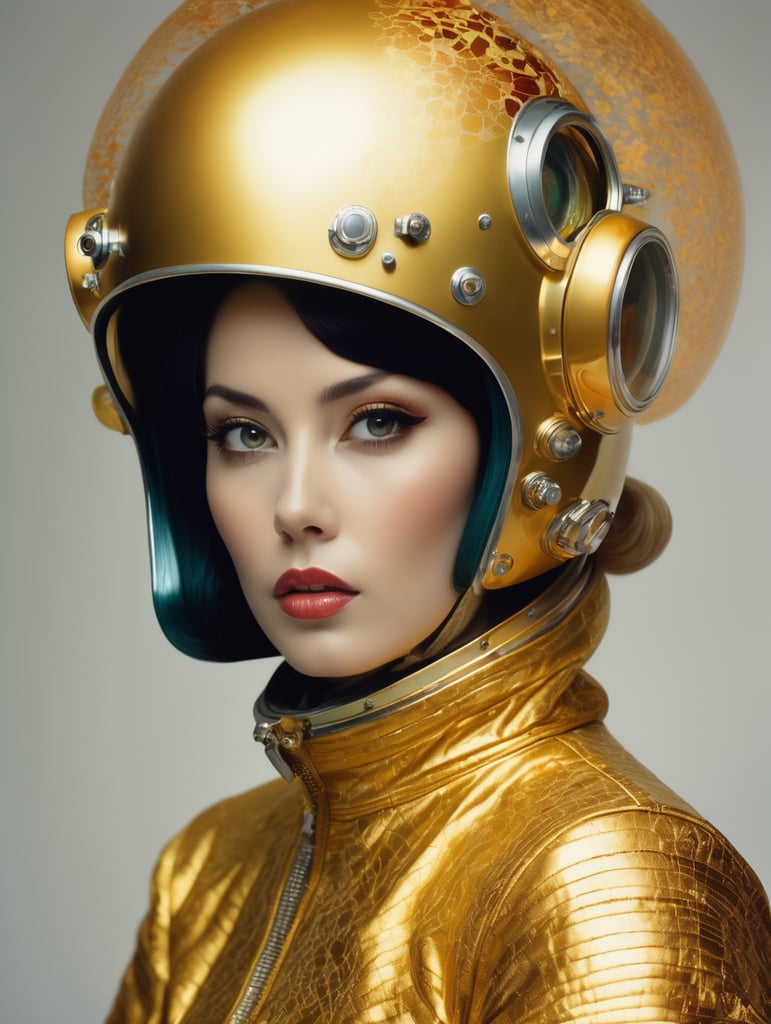 In 1998, abstract fashion photography captured a 1960s astronaut woman in a gold spacesuit with a large helmet and glasses. The art, created by Victor Moscoso and Bridget Riley, used Kodak Ektar 100 film. Carne Griffiths added a touch of magic with fluid art, while artists like Conrad Roset, Ilya Kuvshinov, Mark Fielding, and Zwy Studio emphasized high lights in the eyes. Sergio Lopez and Natalie Shau also contributed to the artwork.