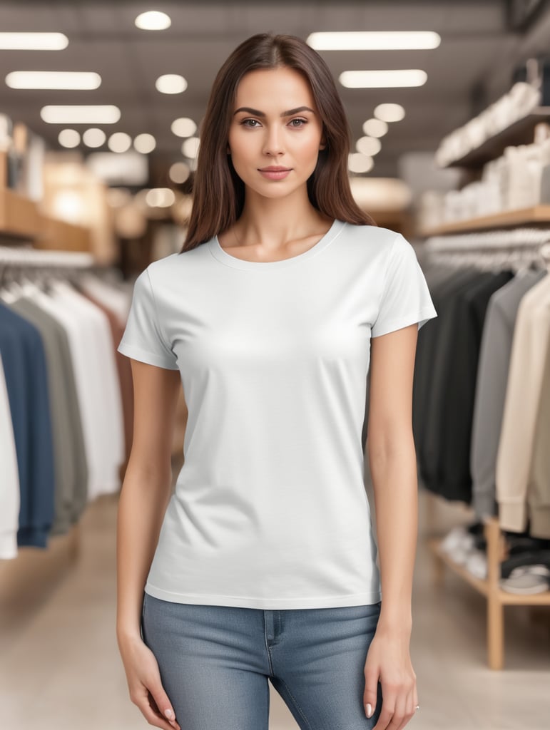 Woman wearing blank T-Shirt in Clothing Store Mockup