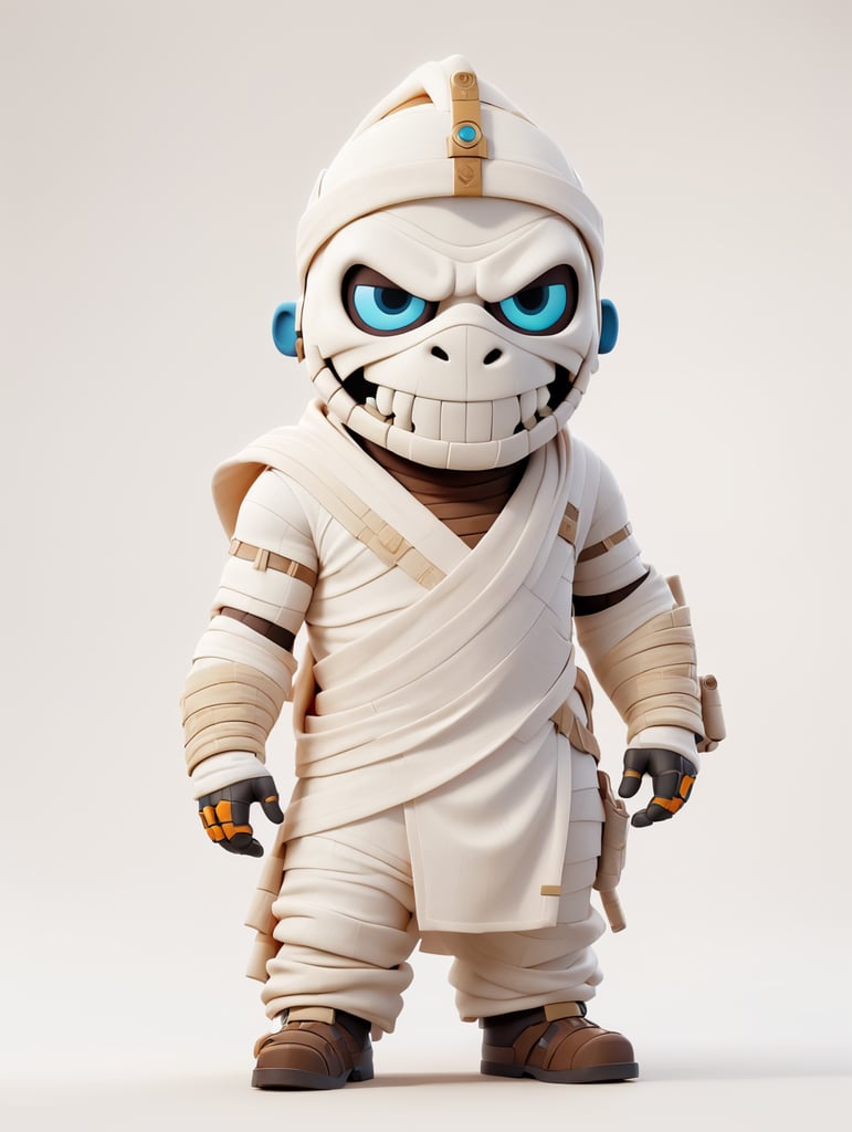 A photograph of mummy costume covered in bandages for a male character with fortnite style, halloween costume, white background, full body