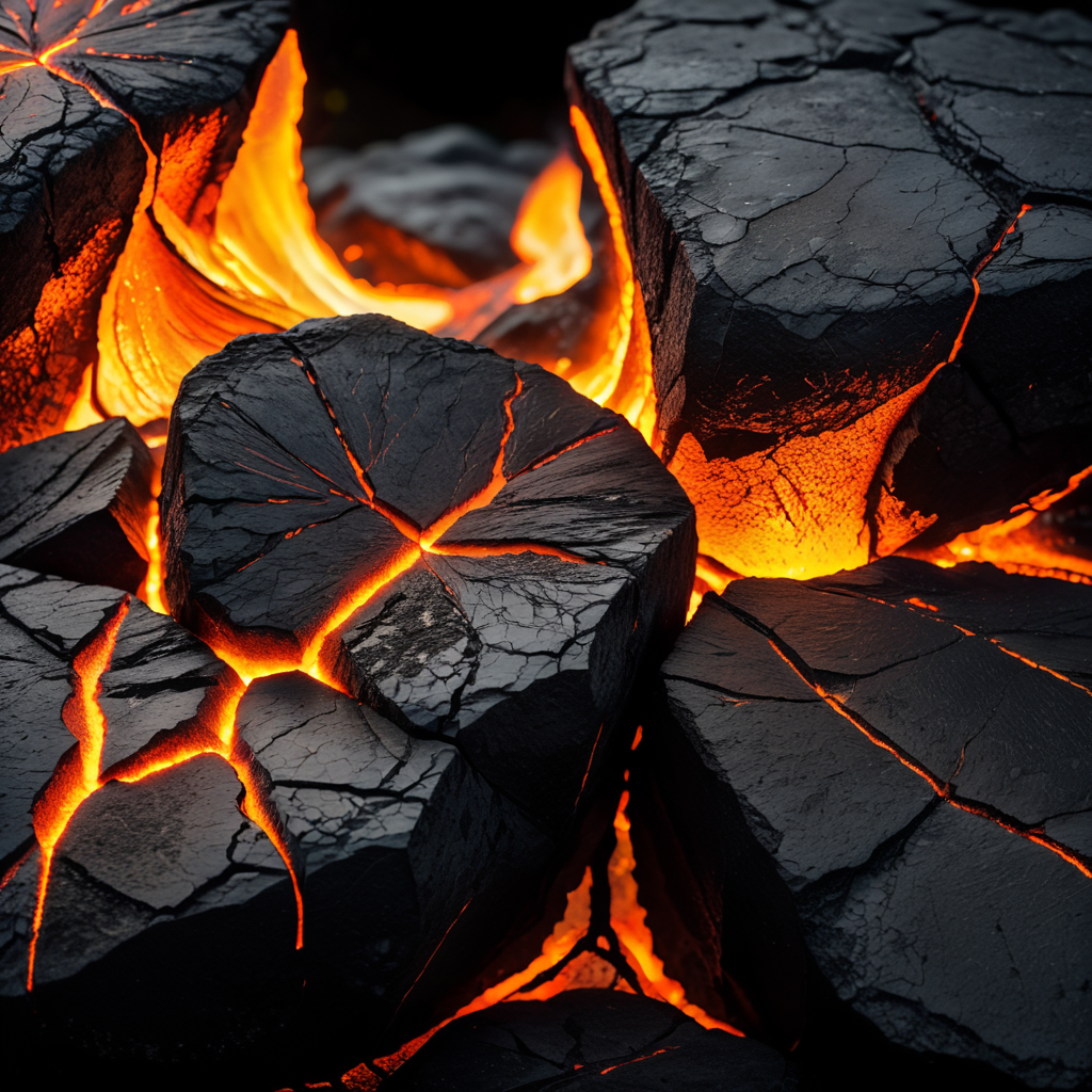 Close Up Of An Intense Glow Of Lava In Dark 3d Rendered lava cracked black Rock Texture realistic dark mood