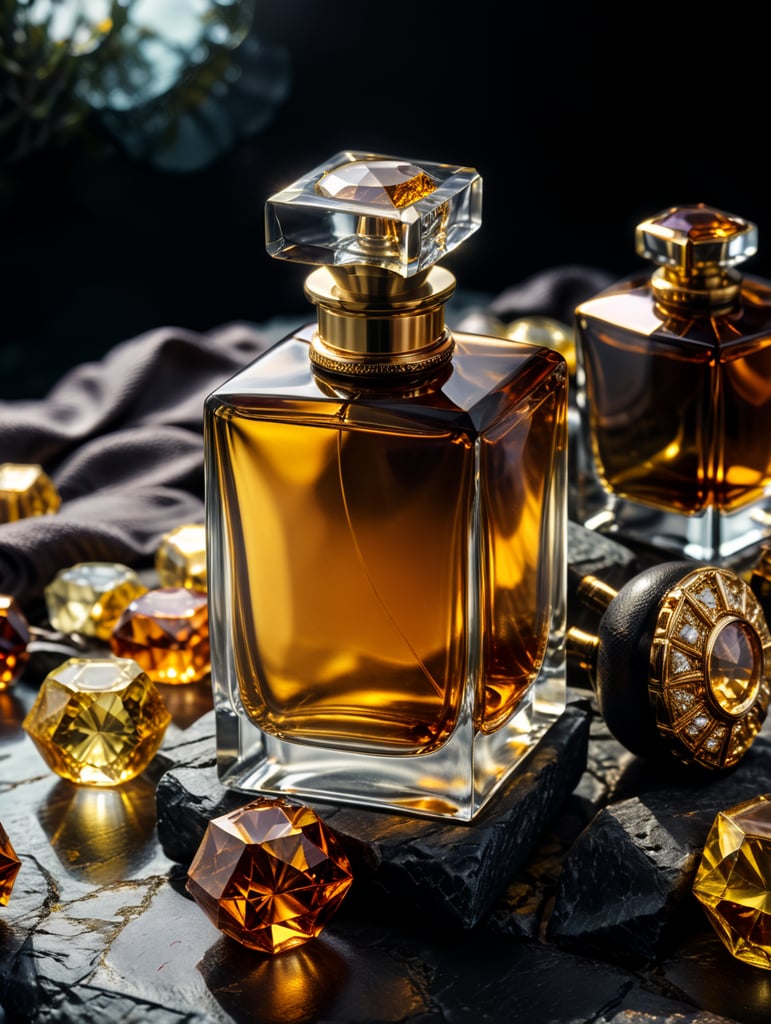 professional photography of a luxury perfume, square bottle, surrounding an amber gems, yellow satin scarf on a background, no label, clear, mockup