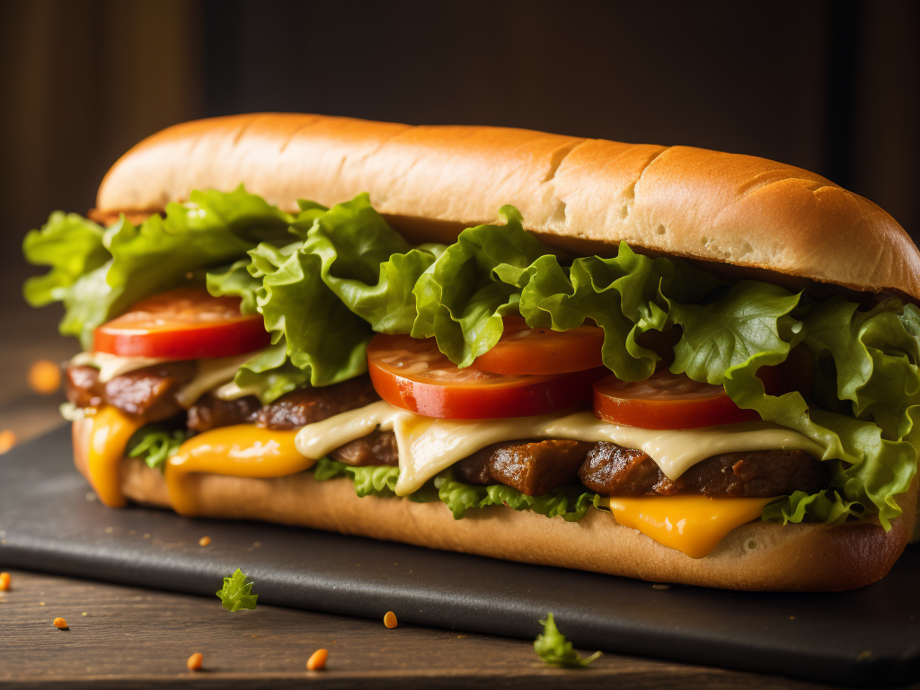 a sub sandwich with lettuce, tomato, and cheese, a stock photo by Renoir, shutterstock, rayonism, stockphoto, stock photo, sabattier filter