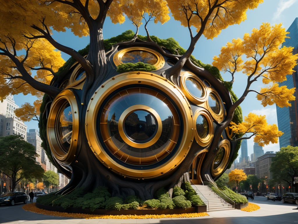 dream prompt: the craziest wide viewing angle and large view lens architectural modern style hyper realistic hyper detailed neocosmic exterior architecture design of a tree shape Fluid complex, gold geometric leaves spectrum, wood::1 white::3, Santiago Calatrava and Aaron Horkey architecture art styles, in new york city, soft ambient, night light, cinematic photo, natural lighting, camera nikon, 8k, --s1000 --style raw, you can imagine