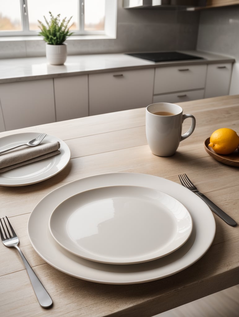 modern kitchen table, empty plate, mockup