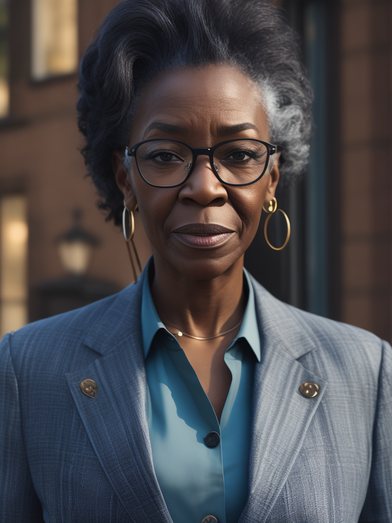 Attractive senior african-american woman with glasses walking confidently in a beautiful blue suit