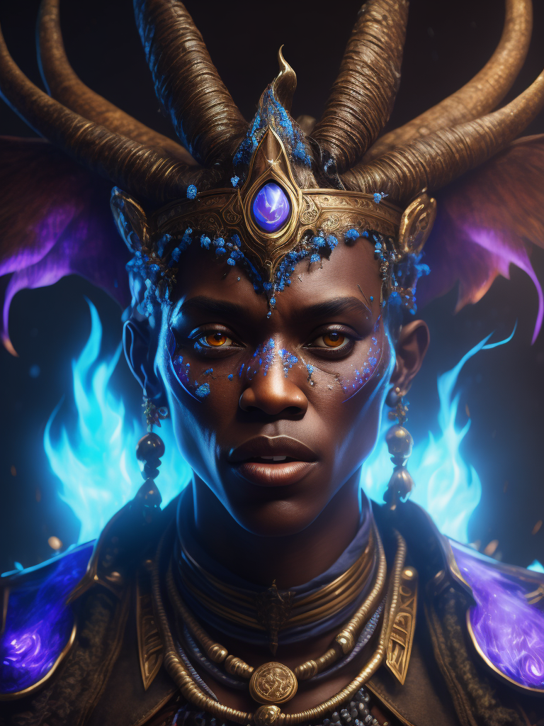 a witch doctor wearing a voodoo mask, surrounded by blue and purple flames, high quality cinematic lighting, fantasy, magical, dreamy, unique