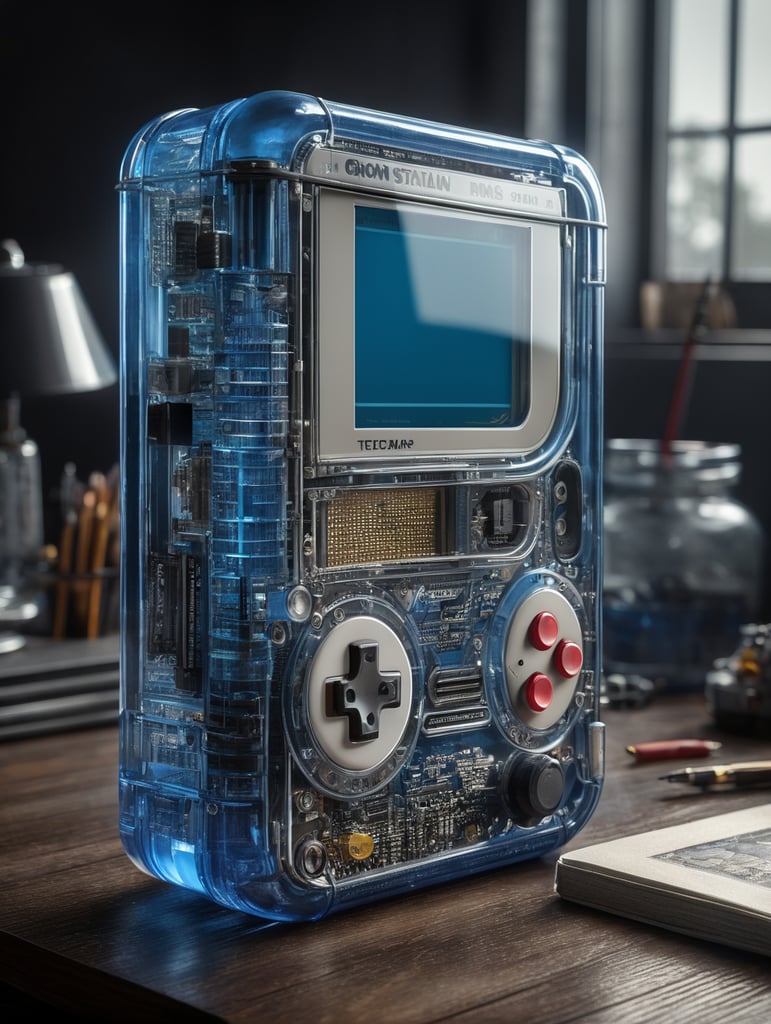 A see through blue translucent game boy designed by dieter rams. industrial design inspiration. unreal engine render, natural lighting, on desk, beautiful shot