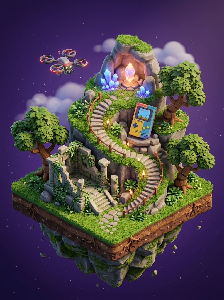 Isometric 3D diorama, floating grassy island, retro handheld console, spiraling stone path, glowing crystal, hovering drone, stone ruins, stylized trees, purple background, soft lighting