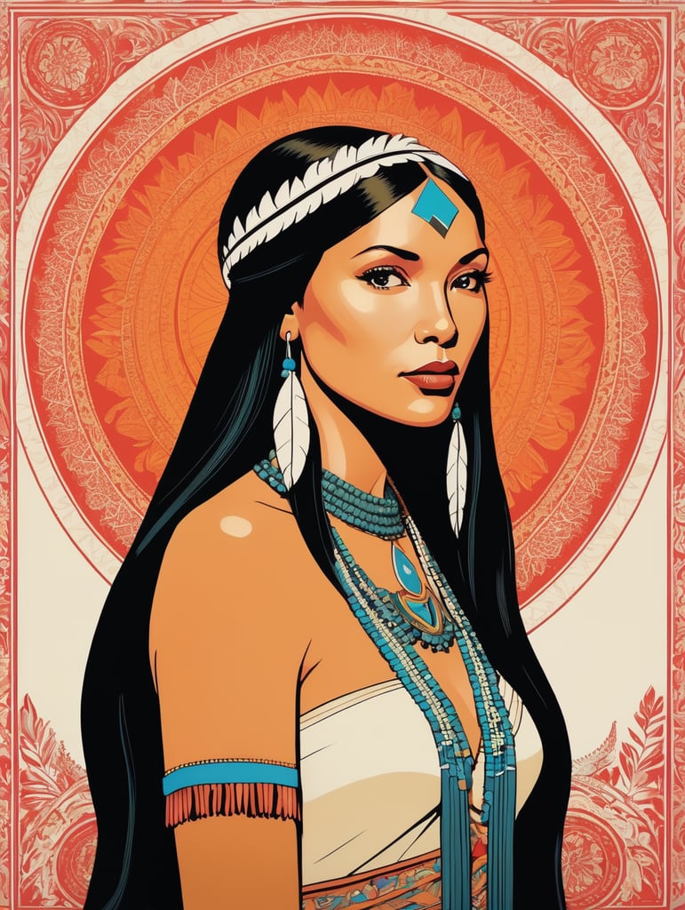 Pocahontas, Illustration, Screen Print, Portrait, USA, style of Chuck Sperry
