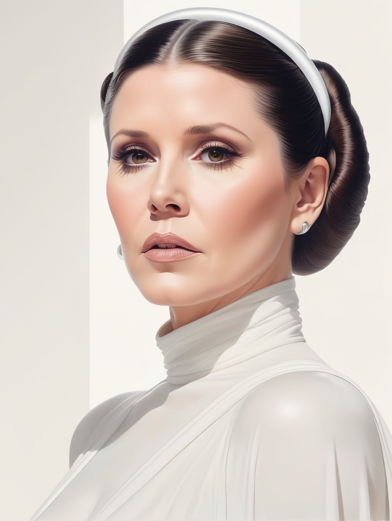 Illustration. Manga. Patrick Nagel. High Contrast. Flowing line. Shadow. Youthful Carrie Fisher as Princess Leia. Star Wars. Surreal minimalism. Pin up.