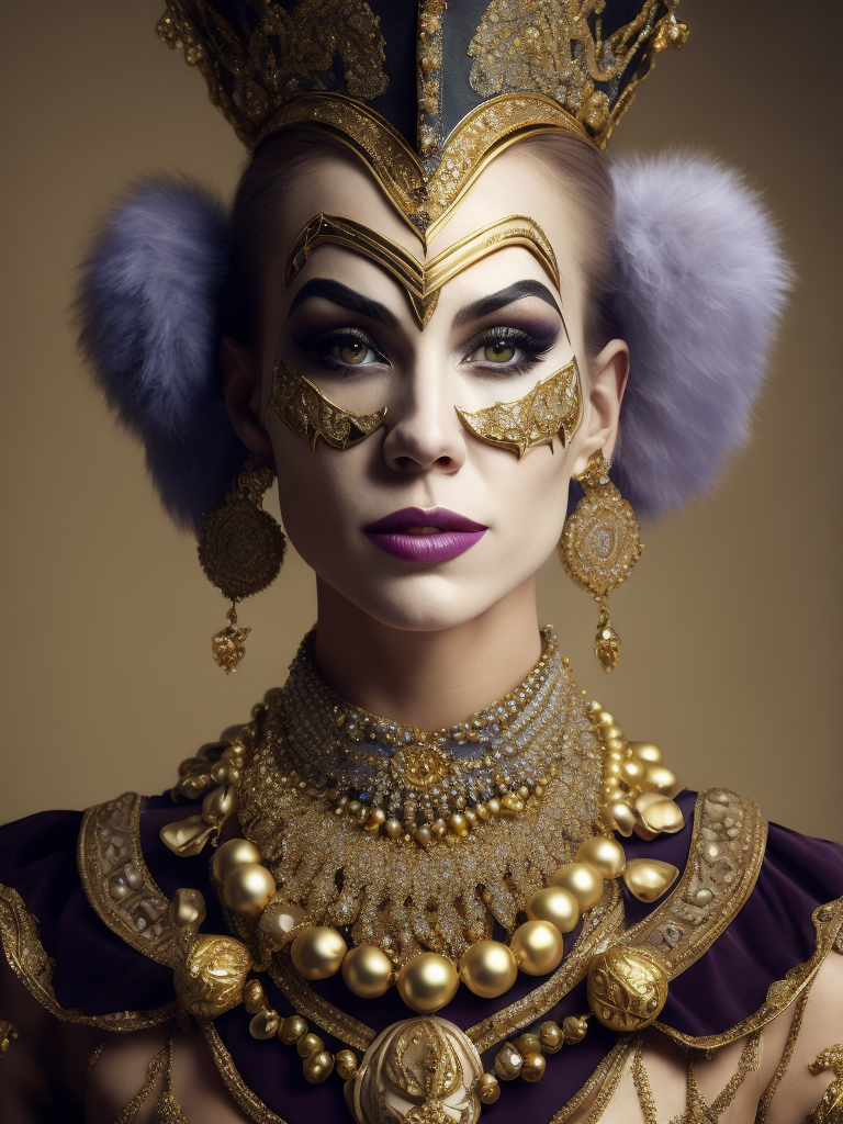 Epic portrait of mardi gras harlequin mask female clown in pastels and gold bead necklaces around neck intricate embellishments and geometric patterns and designs, (high definition)++, photography, cinematic, detailed character portrait, ++detailed and intricate environment, (nevus under left eye)++, detailed and intricate environment