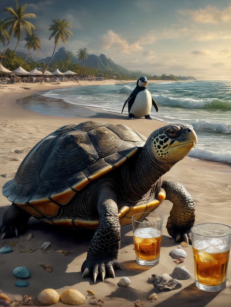 a turtle and a pinguin and joe biden having a drink on the beach