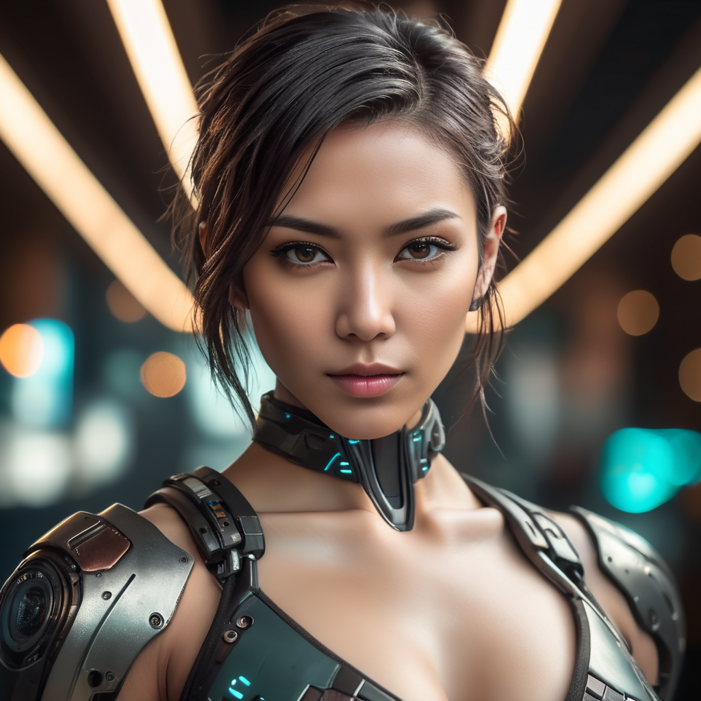 crea a una mujer mitad androide y mitad humana al estilo cyberpunk