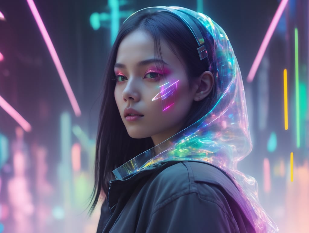 Ethereal glitchcore avatar, ghostly neon lights, transparent digital face, colorful broken static, futuristic spectral energy, vibrant holographic mist