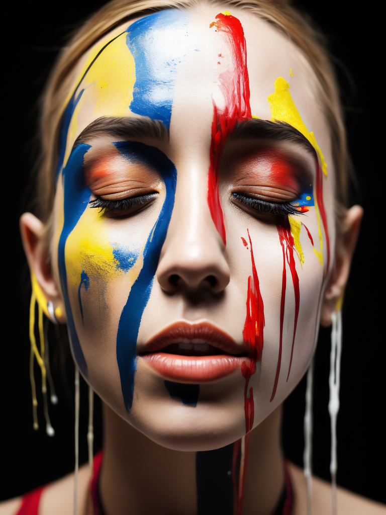 Portrait of a girl with a painted face and paint flowing from her face, closed eyes, black background