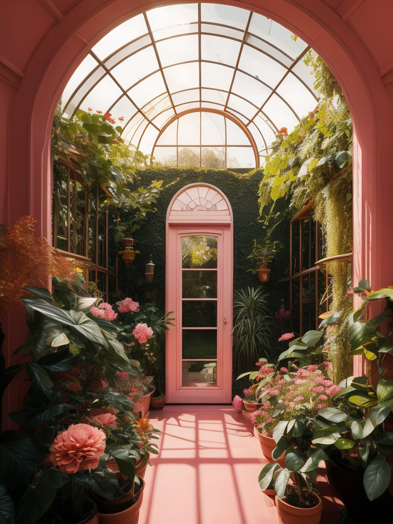 Architectural photo of a maximalist pink solar greenhouse interior with lots of flowers and plants, golden light, hyperrealistic surrealism, award winning masterpiece with incredible details, epic stunning pink surrounding and round corners, big windows, art space, green house walls and celling