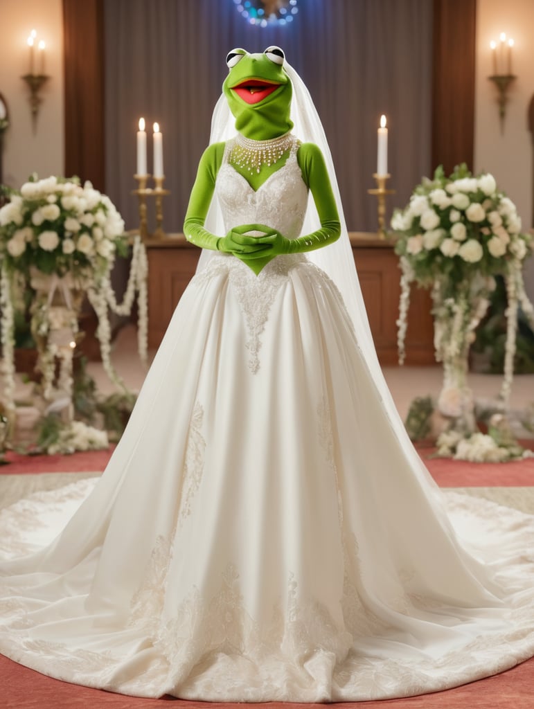 A frog that looks like Cher standing at the altar in a wedding dress . Kermit the Frog DRESSED IN DRAG AS CHER