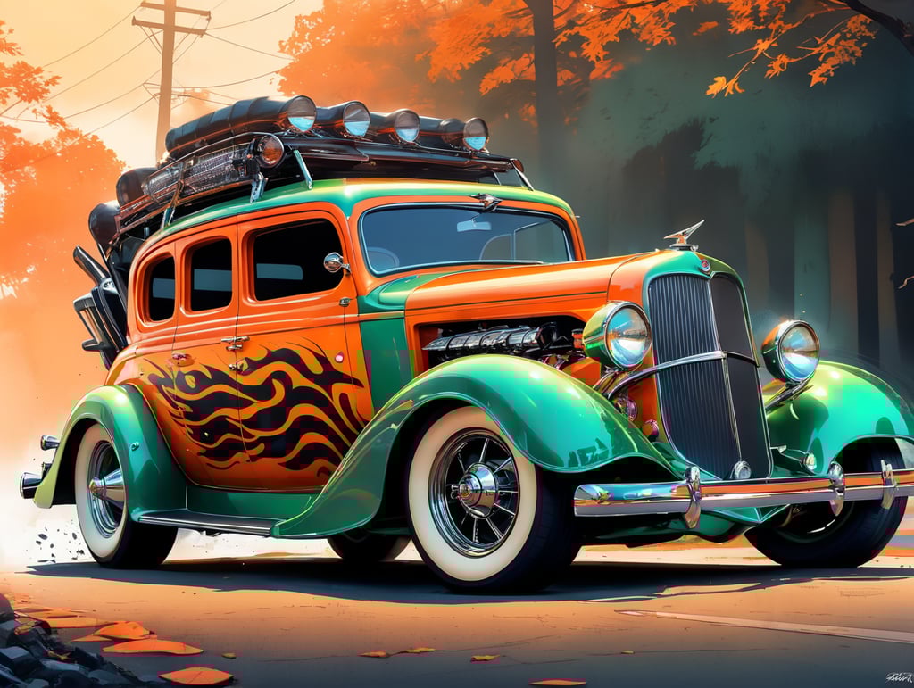 : A vector flat illustration of a classic car transformed into a Halloween hot rod, with stylized flames painted on the sides, a spooky skeleton driver, and eerie green headlights, capturing the spirit of Halloween excitement, Vector Flat Illustration, designed with vector graphics software to convey the fun and creativity of Halloween car decorations