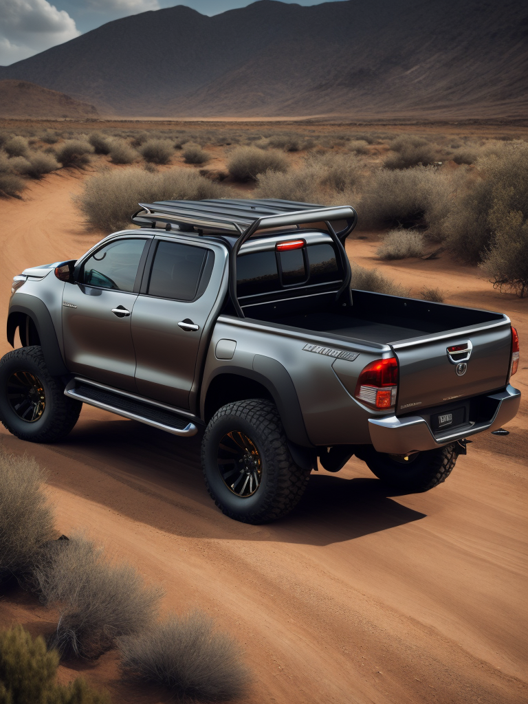 toyota hilux in metallic dark grey back view tuned like a off road Baja California truck with steel back and front bumpers