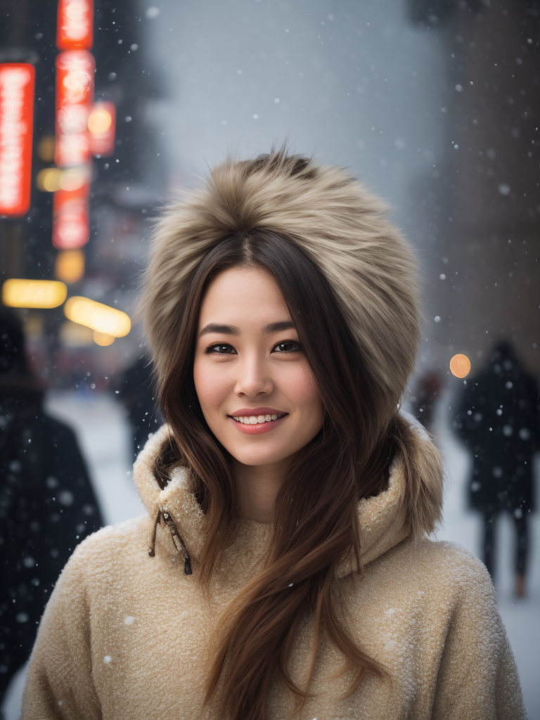 a beautiful and attractive gril walking on the street of Beijing, surround by people, portrait,night,winter,(((snowing:1.4))),(((snow on hair:1.4))),cold,forground, godess, long brown hair, pale skin, messy hair, natrual skin,skin texture,fair skin, looking at viewer, light smile, photo realistic, RAW phto, 8k, ultra detail, Photograph captured using a Canon 6D Mark II with an 16mm lens at f 11 and ISO 100 ::3 , award - winning photograph, sharp focus, soft lighting, natrual lighting,