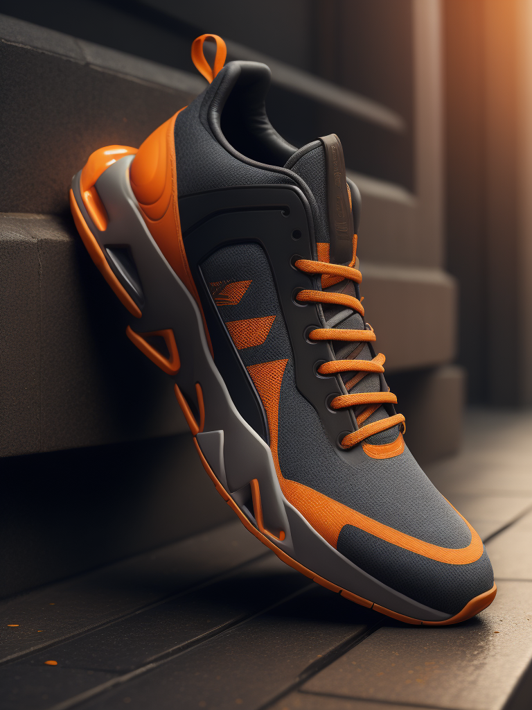 hyper realistic image of hi-tech sports puffy sneakers modern fashion in orange and grey colors, sci-fi, deep atmosphere, saturation, vibrance, sharp on details