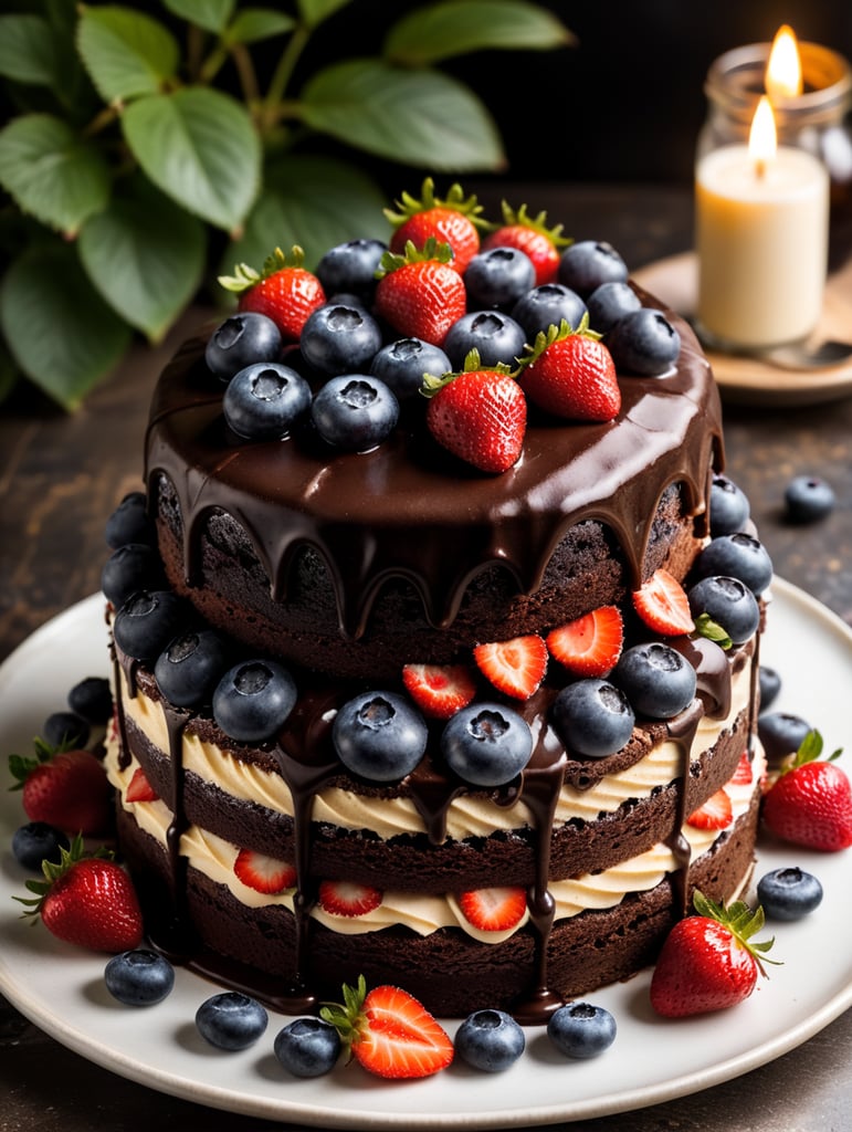 Fudge cake with chocolate icing topped with berries 3 layer chocolate fudge cake with strawberries blue berries and raspberries