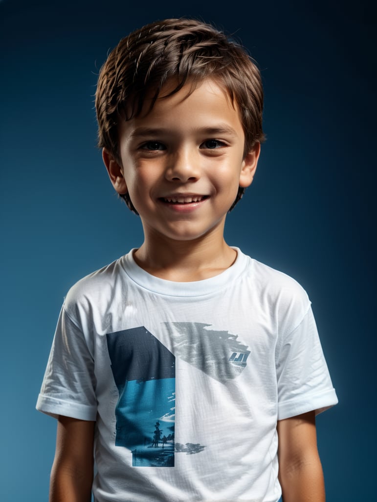 a Little boy wearing white t-shirts, standing in front of blue background, blank shirt no print, 9 years old smiling, photo for apparel mock-up