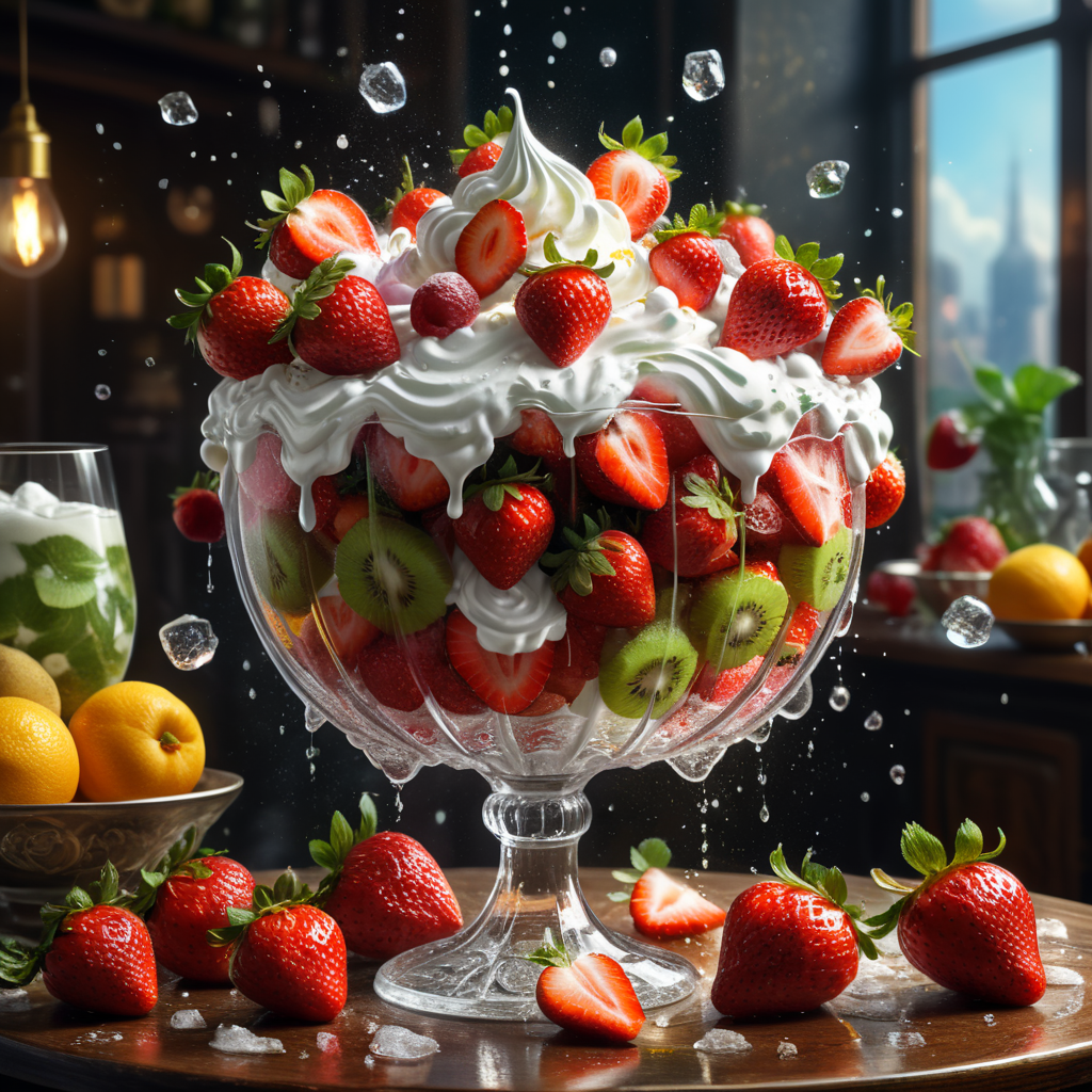 Fruit explosion:: strawberries and whipped cream explode and fly out of a large glass vase, many drops, sparkling ice flakes, festive atmosphere:: Candy art style! Whimsical playful colorful! Hyperrealistic hyperdetailed highly detailed, digital illustration” postmodernism, artstation, poster art, dynamic lighting, cel-shaded, ray tracing reflections