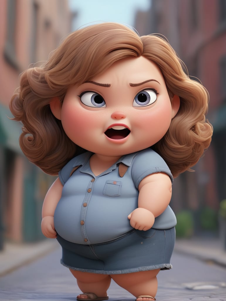 Dibujo de una chica gordita de pelo ondulado color castaño vestida de mahon caminando por calle pensando en "KREANDO"