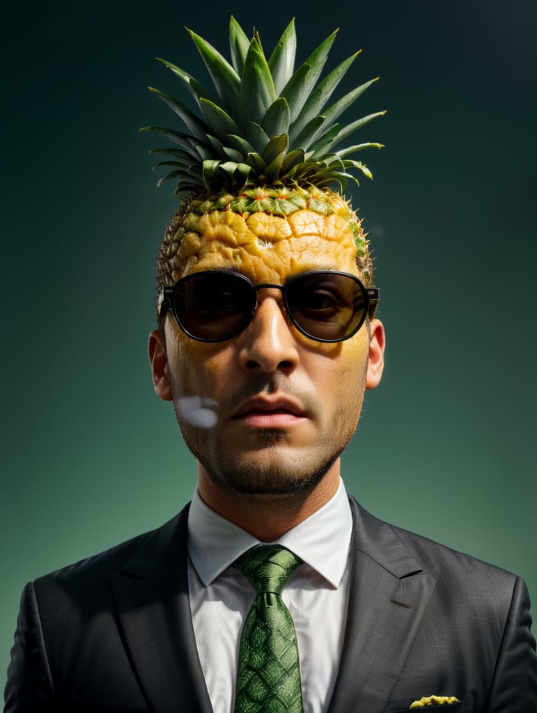 A man in a business suit with a pineapple for a head, green background, sunglasses, isolated