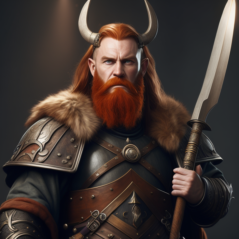 Викинг с мечом и топором, длиннобородый, рыжий