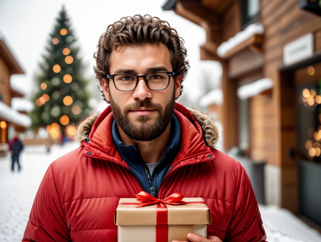 portrait of a bearded curly man wearing red puffer jacket, reeding glasses, stands front camera with gift box his hand, snowy weather, Christmas time, blurry background